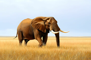Fototapeta premium Majestic African Elephant Walking Through Golden Grass Under a Soft Blue Sky