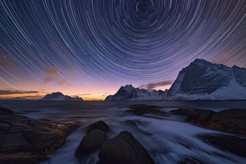 Fototapeta premium Star Trails Over Lofoten Islands Mountains And Ocean