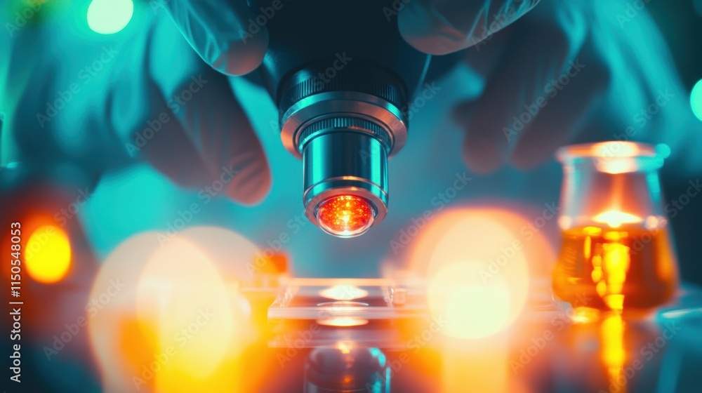 Aufkleber close-up of a microscope with glowing red light and laboratory glassware in the background.