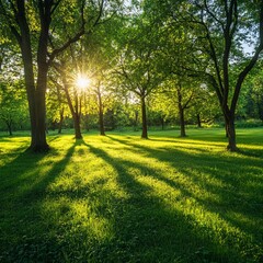 Sunlight streaming through lush trees creating shadows on green grass in a tranquil park setting