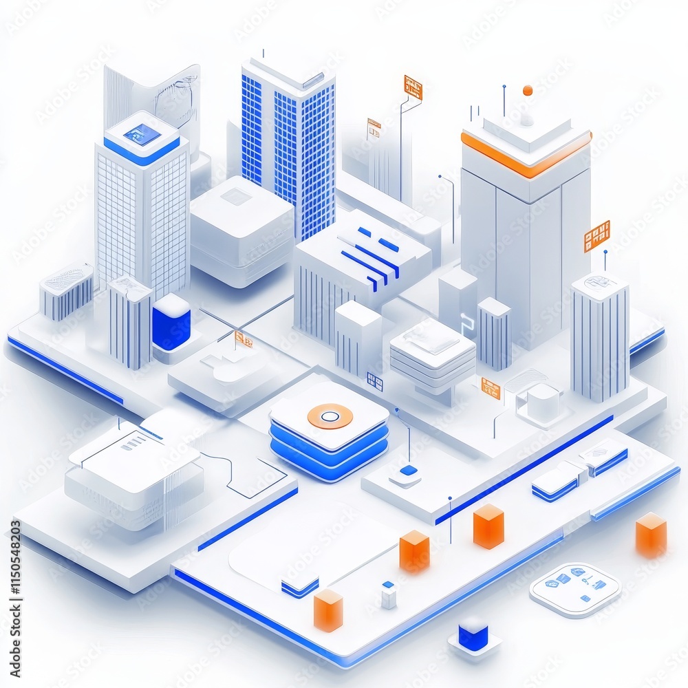 Poster digital cityscape design featuring modern buildings and infrastructure in a clean and minimalistic s