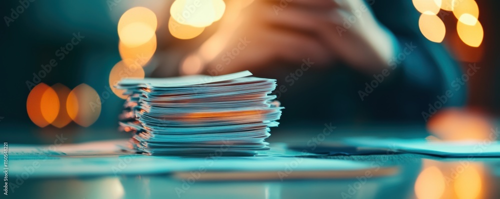 Poster stack of papers on a desk with blurred warm bokeh lights in the background. close-up business office