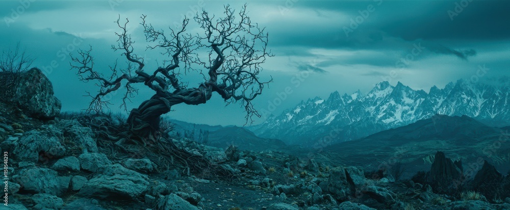 Wall mural tree is in the foreground of a mountain range