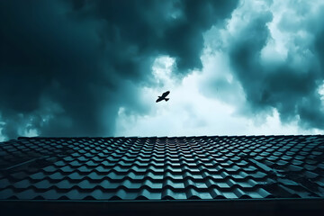 Fototapeta premium Dramatic Sky Over Rooftop with Clouds and Bird in Flight Captured in Low Light Conditions