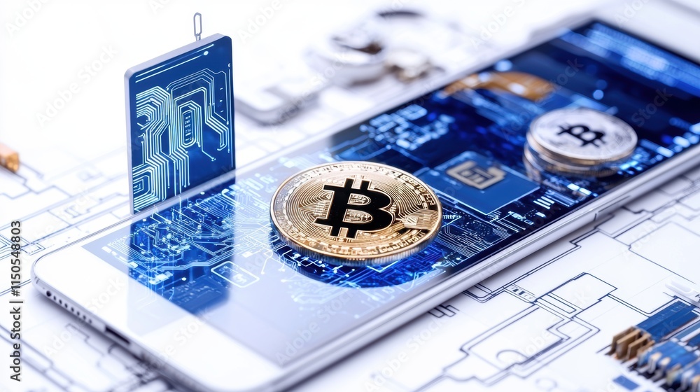 Poster bitcoin coins on smartphone with holographic circuit board elements. digital cryptocurrency and bloc