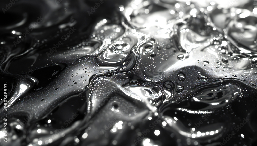 Wall mural A close-up view of a textured surface resembling flowing liquid, featuring smooth, undulating waves in shades of gray. The surface has a glossy finish with highlights reflecting light, creating a se.