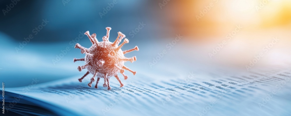 Poster close-up of a virus model on an open book with sunlight and blue gradient background