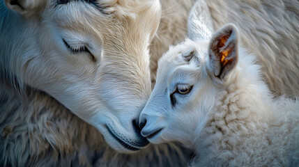 Naklejka premium A baby goat nursing from its mother, their soft fur and intimate connection captured in close-up detail, with the focus entirely on their bond. 