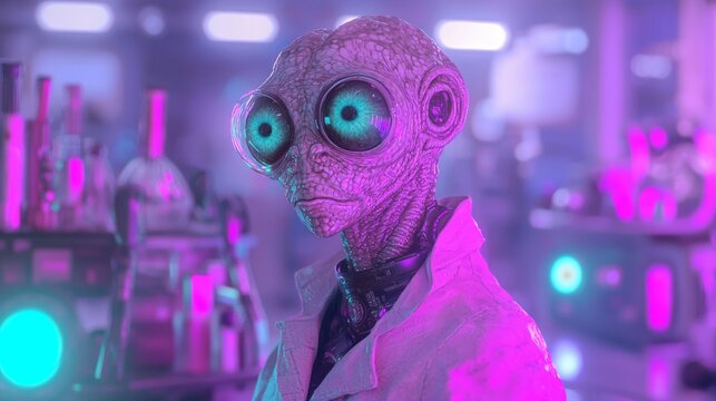 Extraterrestrial Explorer - Alien Scientist Conducting Research in High-Tech Laboratory | 3D Render Digital Artwork