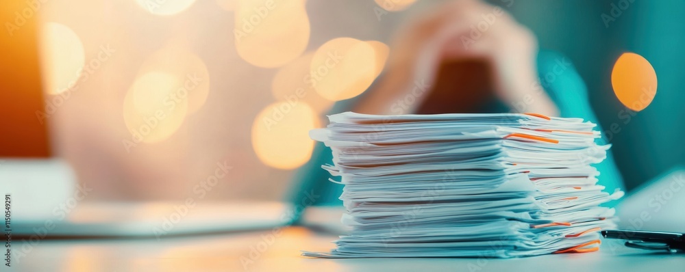 Aufkleber stack of documents on a desk with blurred background and bokeh lights. office work and paperwork con