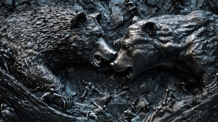 Grizzly Showdown: A Bronze Sculpture Depicting Two Bears in Intense Confrontation Amidst a Scene of Chaos and Destruction