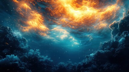 Ethereal sky with fiery clouds and deep blue ocean vibes