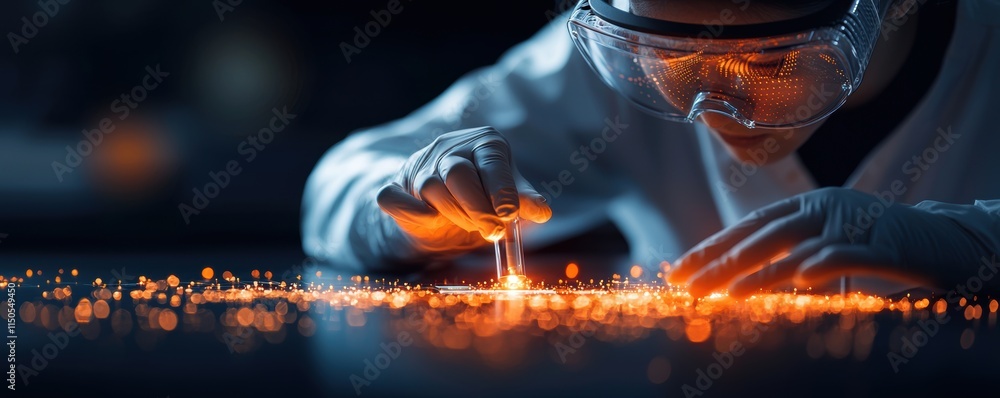 Poster scientist in protective goggles conducting experiment with glowing particles on a dark background.