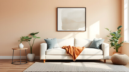 Stylish living space with a modern sofa, minimalist side table, and green plant against a warm beige wall. Accents like a brown throw and abstract art create a cozy, inviting atmosphere Generative AI