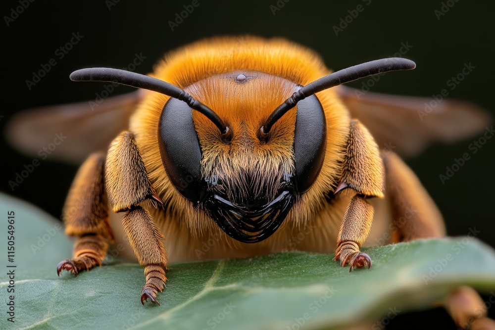 Poster close-up view of a bee sitting on a leaf with intricate details of its body and features