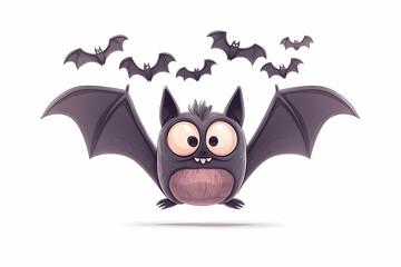 Cartoon illustration of a playful bat character surrounded by smaller bats flying in a whimsical style on a white background