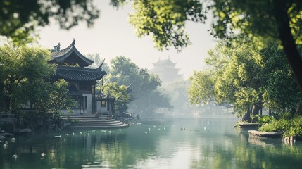 Fototapeta premium Serene Asian Garden by the Lake: A Misty Morning in a Picturesque Chinese Landscape