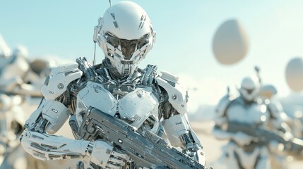 Fototapeta premium Intergalactic Warfare: Futuristic Soldier Amidst Advanced Technology in Dramatic Lighting - 3D Render Digital Artwork