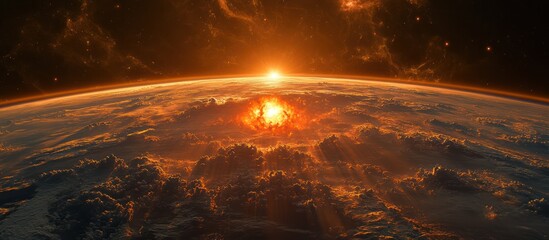 Fiery sunrise over Earth from space.