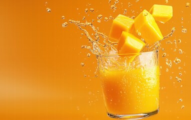 A mango juice glass floating mid-air with chunks of mango and a splash of juice, on a bright orange background