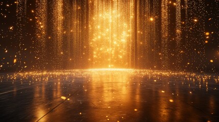 Golden light particles falling in dark space creating a magical and enchanting atmosphere