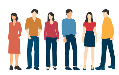  Set of young men and women , different colors, cartoon character, group of silhouettes of standing business people, students, design concept of flat icon, isolated on white background