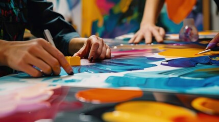 Fototapeta premium Two artists working together on a vibrant abstract painting, using various colors and techniques. Hands carefully applying paint to a large canvas. Creative process in progress. Close-up view..