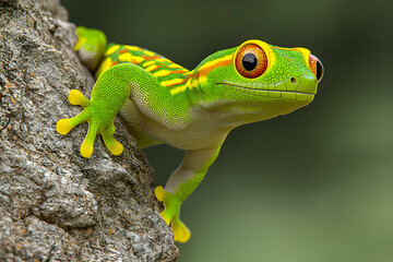 Fototapeta premium Bright Green Tree Frog Climbing a Rough Tree Bark with Vivid Orange and Yellow Eye Patterns