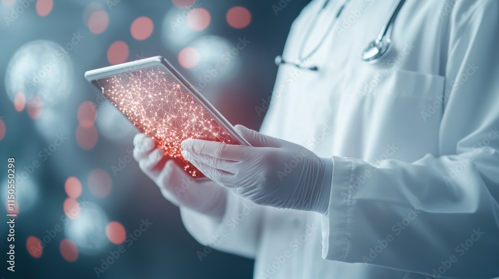 Aufkleber doctor holding a digital tablet with glowing neural network visualization. medical technology and ar