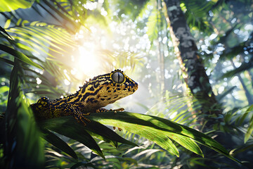 Vibrant Gecko Resting on Lush Green Leaf in Dense Tropical Forest with Sunlight Streaming Through Foliage