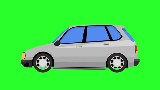 Gray Car Moving Isolated On Green Background, 4k Ultra High Definition, Chroma Key