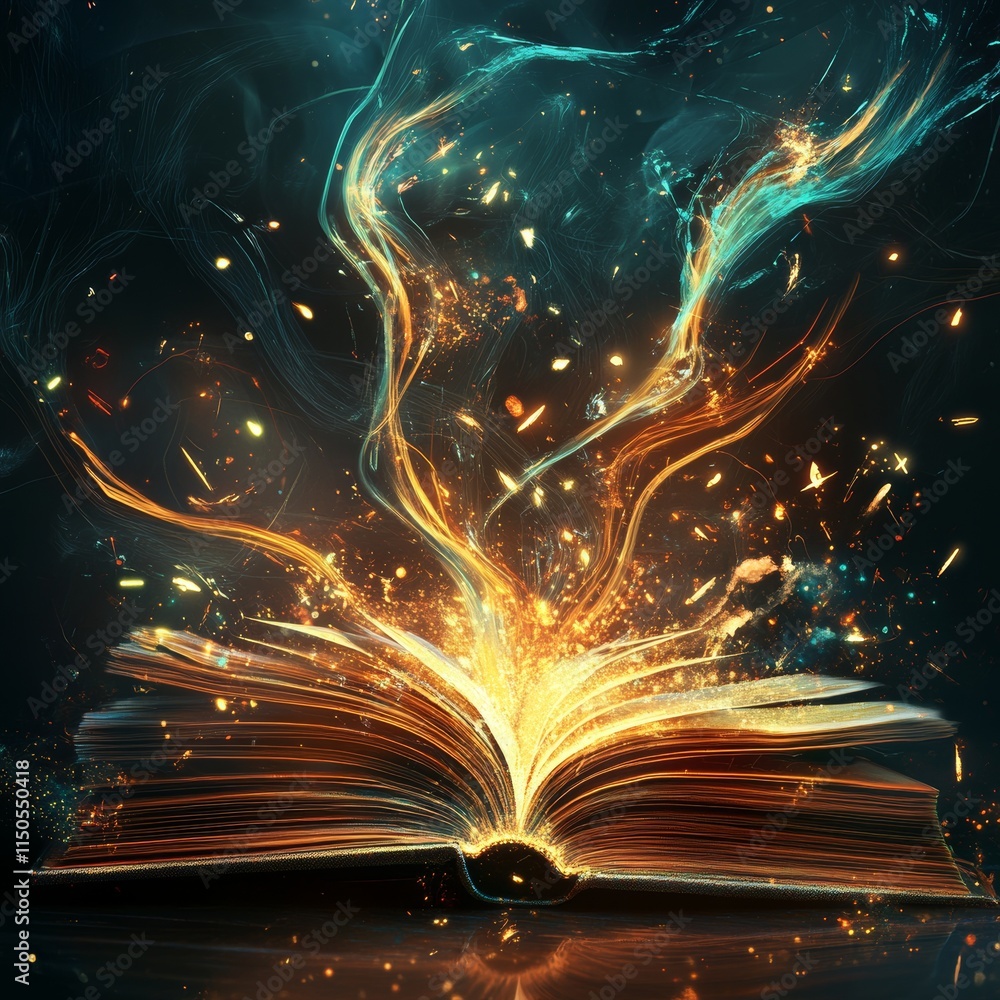 Poster open book surrounded by glowing particles and swirling light, creating a magical and enchanting atmo