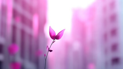 Single pink flower against blurred urban background with bright sunlight. Artistic nature and cityscape concept
