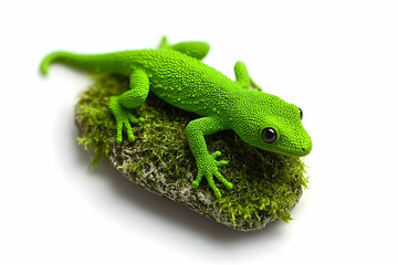 Obraz premium Bright Green Gecko on Mossy Rock in Studio Setting with White Background Perfect for Nature and Wildlife Enthusiasts