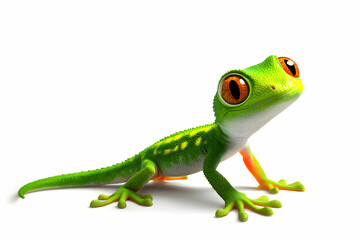 Fototapeta premium Lively Green Gecko with Bright Eyes Posing Playfully Against a White Background