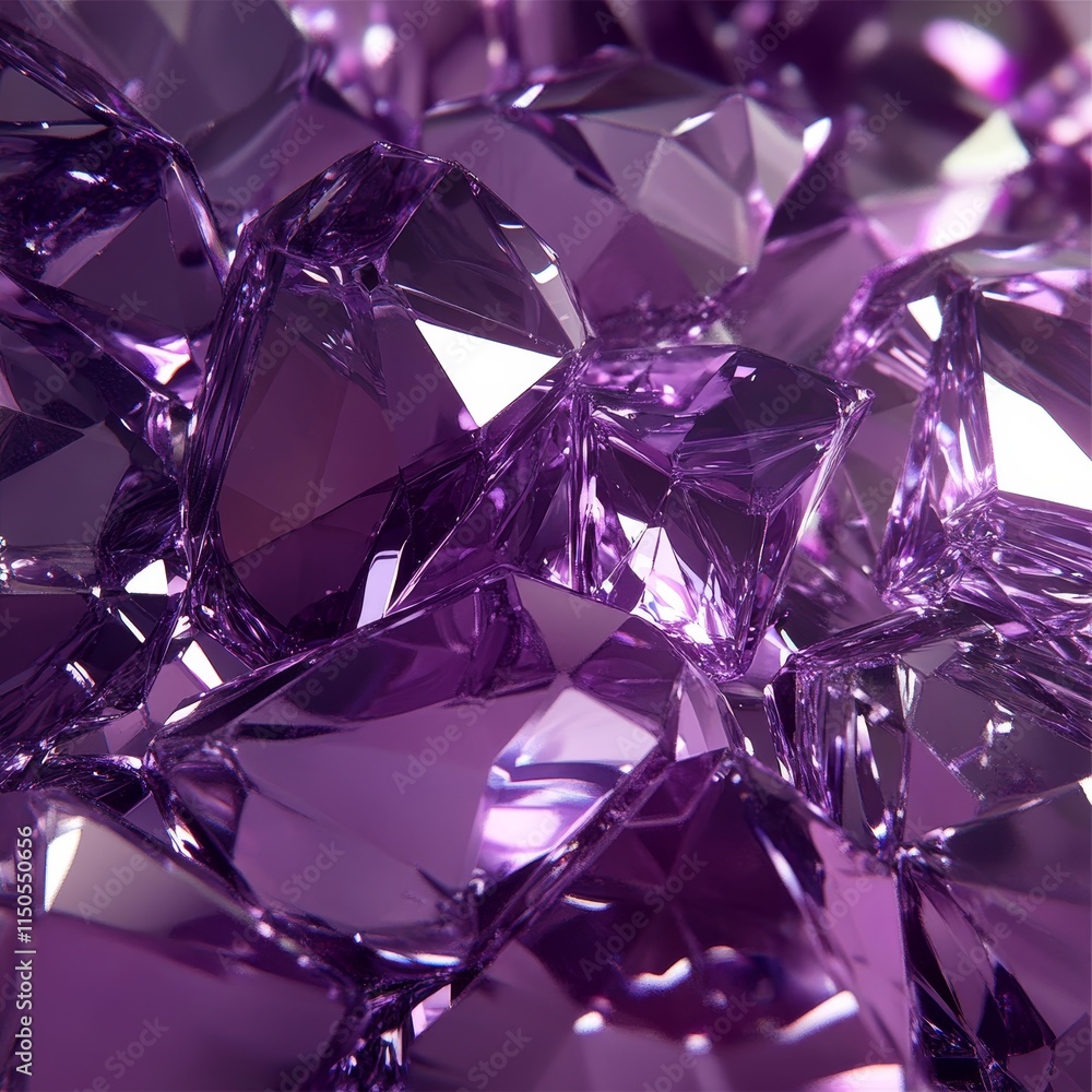 Poster glimmering purple crystals scattered across a surface, showcasing intricate facets and reflections i