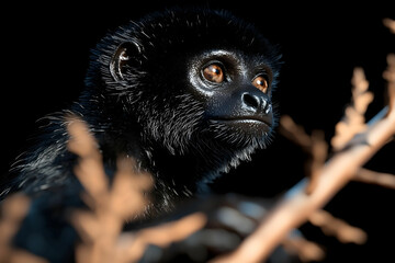 Obraz premium Close-Up Portrait of a Black Monkey with Expressive Eyes Resting on a Branch in Natural Habitat