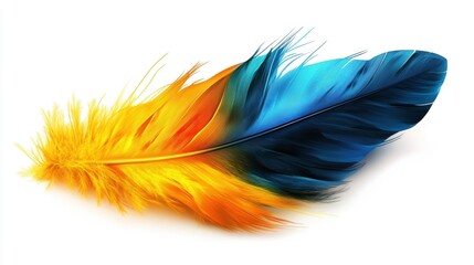 Obraz premium Vibrant multicolored feather on white background featuring blue and orange hues