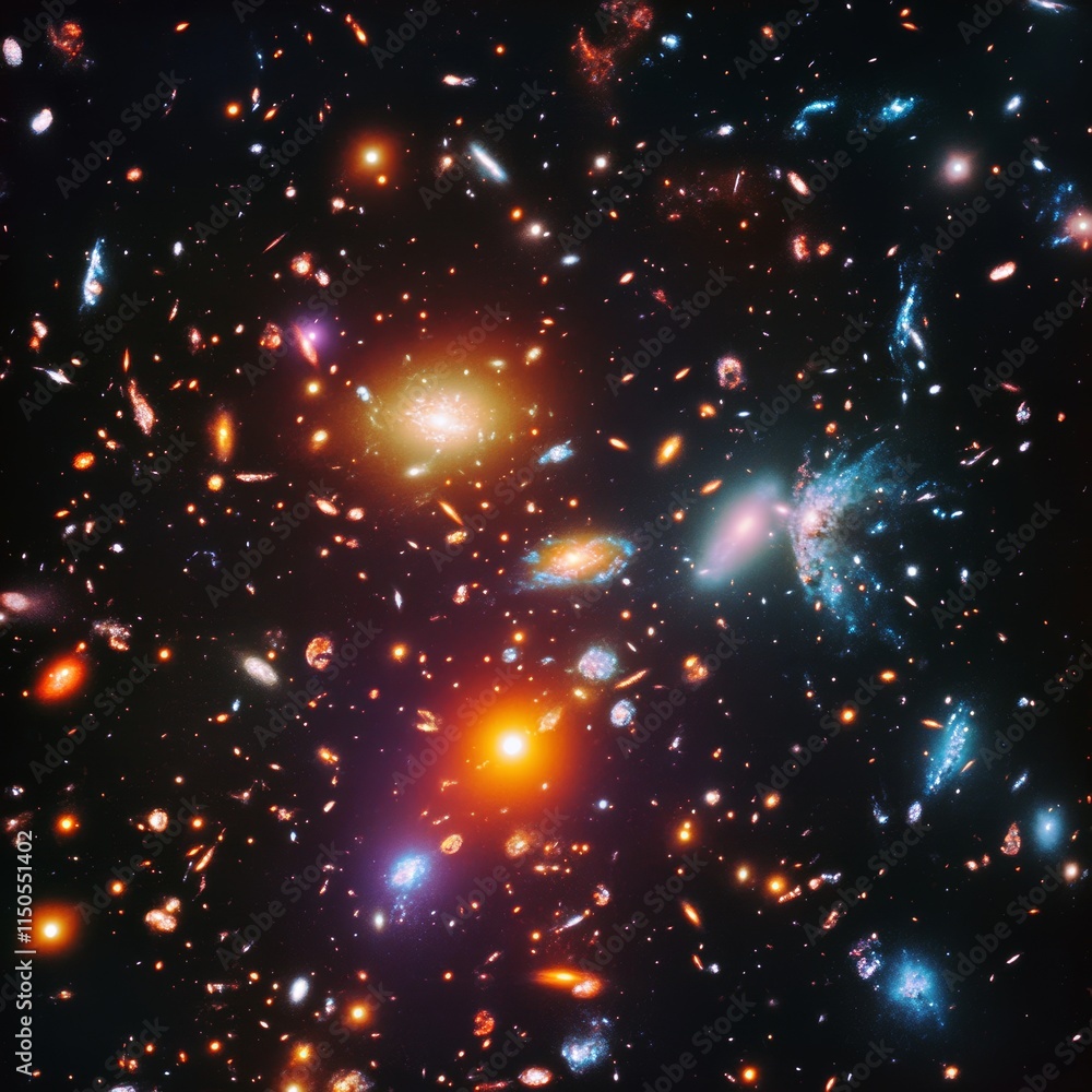 Poster exploration of distant galaxies displaying various colors and shapes with glowing stars in the vast 