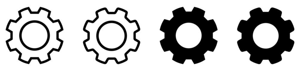 Setting icons in different style in black color. Settings gears icon for apps and websites. Gear, cog, cogwheel icons. Gear tool or button for web application or UI.