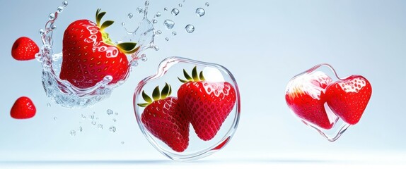 Fototapeta premium Photorealistic strawberry hearts, water splash, crystal clear droplets, high-speed photography, vibrant red, green stem, white background, macro shot, crisp details, refreshing, romantic, Valentine's 