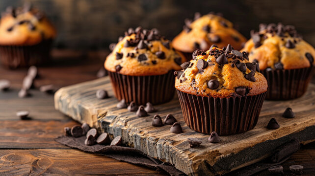 Freshly baked chocolate chip muffins on rustic wooden board with scattered chocolate chips. Generative AI.