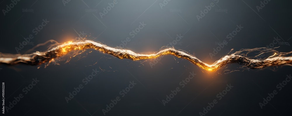 Poster golden electric spark flowing between two points on a dark background. abstract energy flow concept.