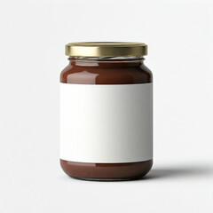 Glass jar of chocolate spread with blank label isolated on transparent background