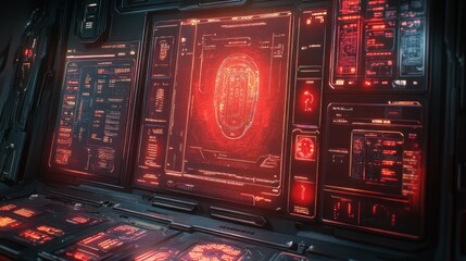 Futuristic cockpit with glowing digital interface and biometric scan.