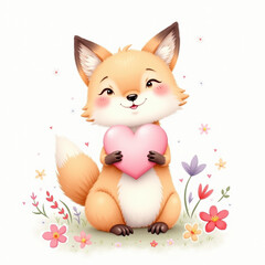 Adorable illustration of a fox holding a pink heart surrounded by flowers, ideal for Valentine's Day greetings.