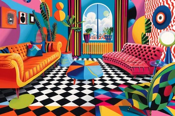 A colorful room with a mirror, a couch, and a potted plant