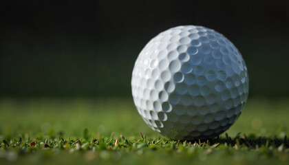 Close-up of a golf ball resting on a green grass surface 