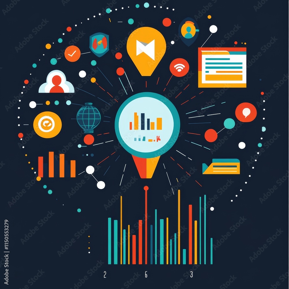 Poster visual representation of data analytics showcasing graphs and icons in a colorful layout
