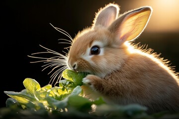 Obraz premium Cute brown rabbit munching on fresh greens in soft lighting during the golden hour of a calm evening